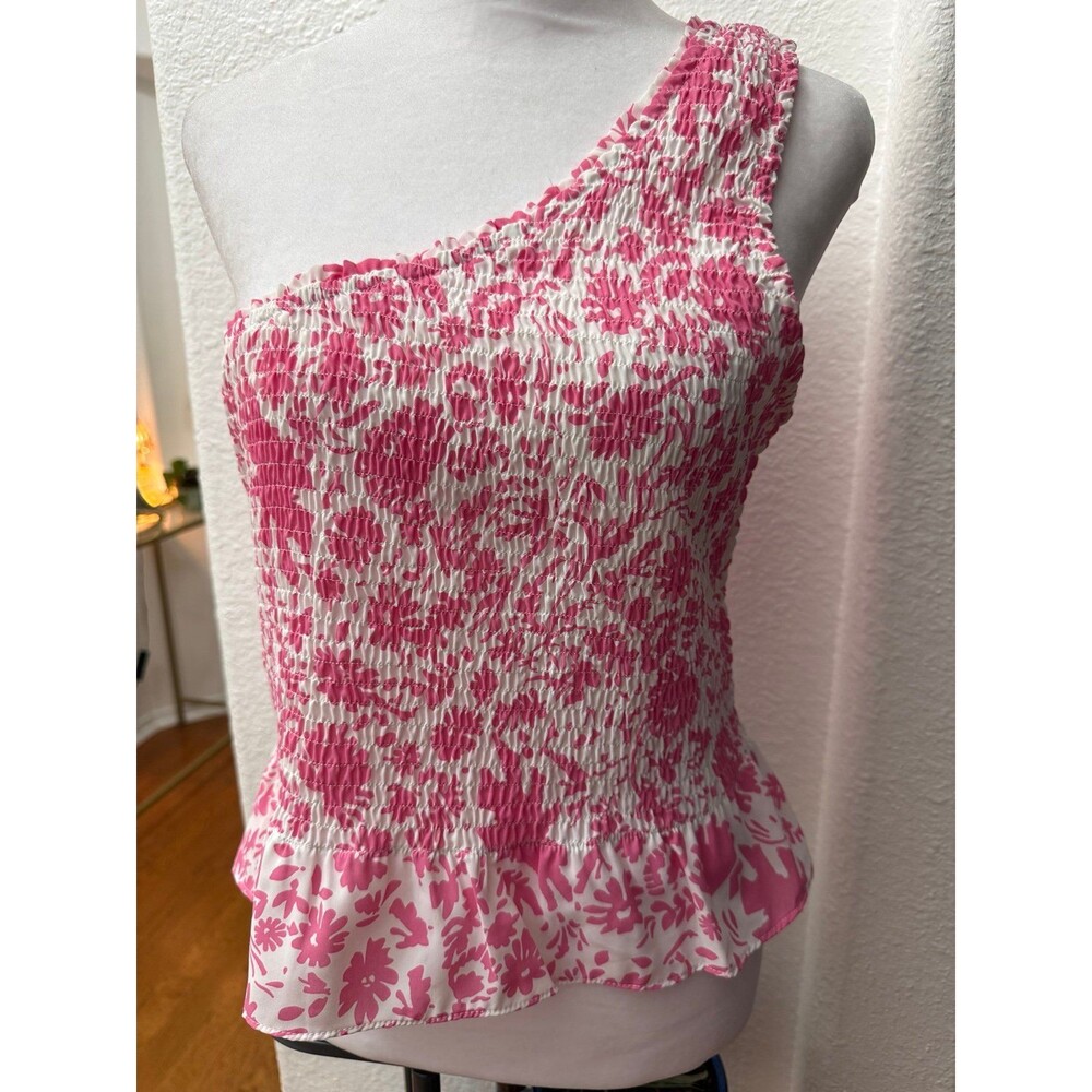 Pink Floral One Shoulder Smocked Peplum Top Size Large